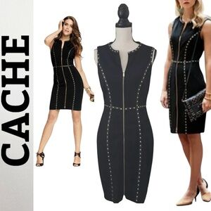 Cache Black Studded Bodycon Dress | Gold Studs & exposed Zipper | Size 0 edgy.